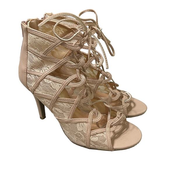 LC Lauren Conrad Peep Toe Sheer Lace Stiletto Heel Nude Size 7 - Picture 1 of 4